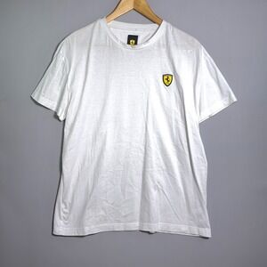 Ferrari T-shirt Mens Size Large Shield Logo Patch Cotton White Racing Sportswear